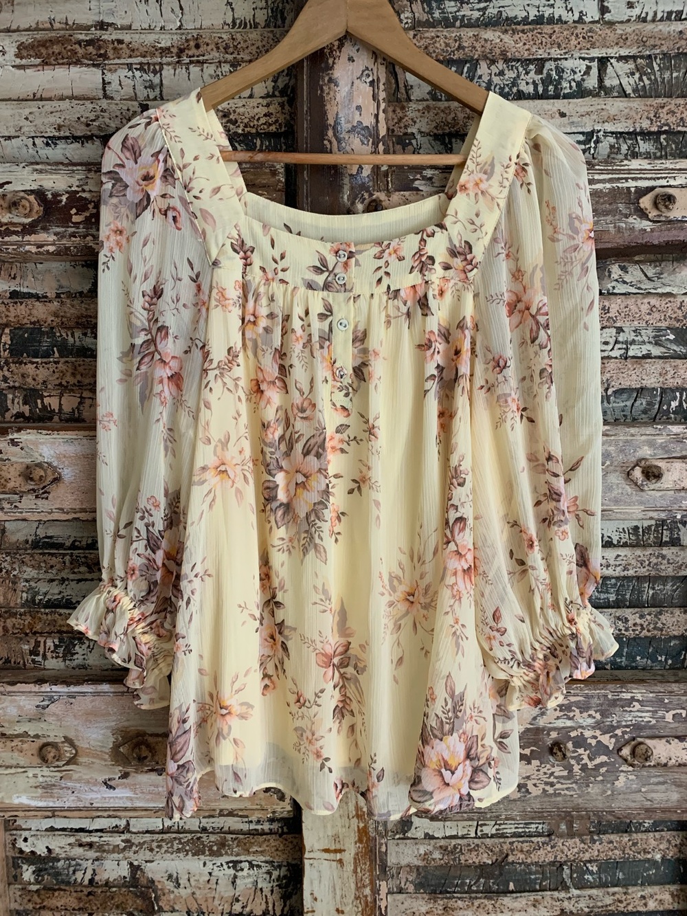 LC Lauren Conrad Floral Henley Peasant Blouse Square Neck Chiffon Top Yellow, L